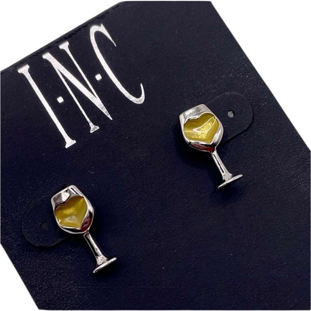 NWT Macys INC Silver Wine Glass Stud Dangle Earrings W/ Yellow Hearts - Picture 4 of 4